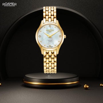 Γυναικείο ρολόι Roamer Soleure Diamond 547857-48-25-50 με χρυσό ατσάλινο μπρασελέ και άσπρο φίλντισι καντράν διαμέτρου 30mm με διαμάντια.
